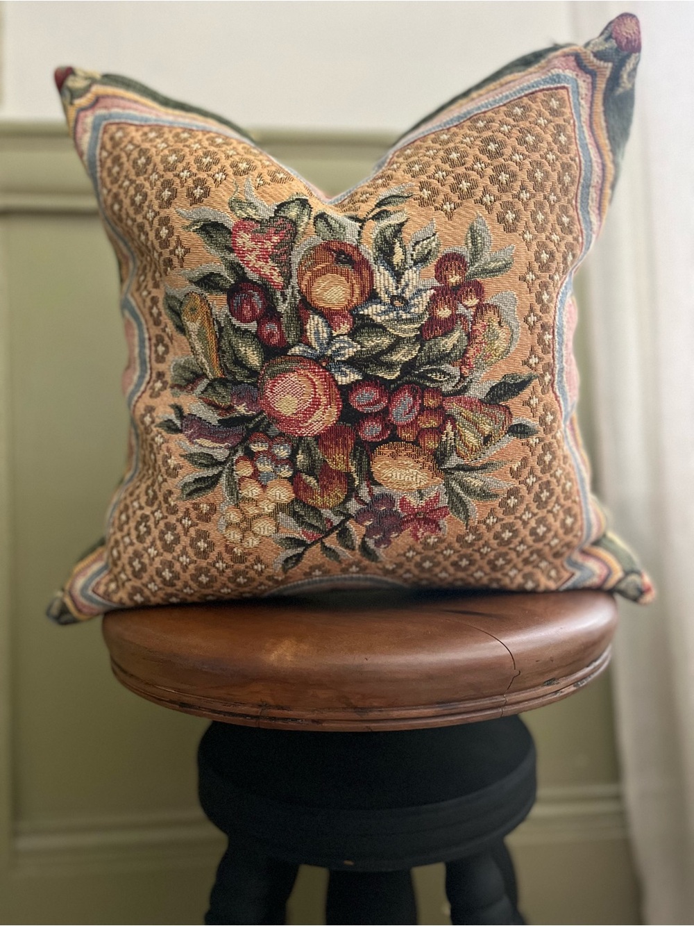 J.Pansu Vintage French Tapestry Pillow cover sham gold fruit bouquet 100% cotton